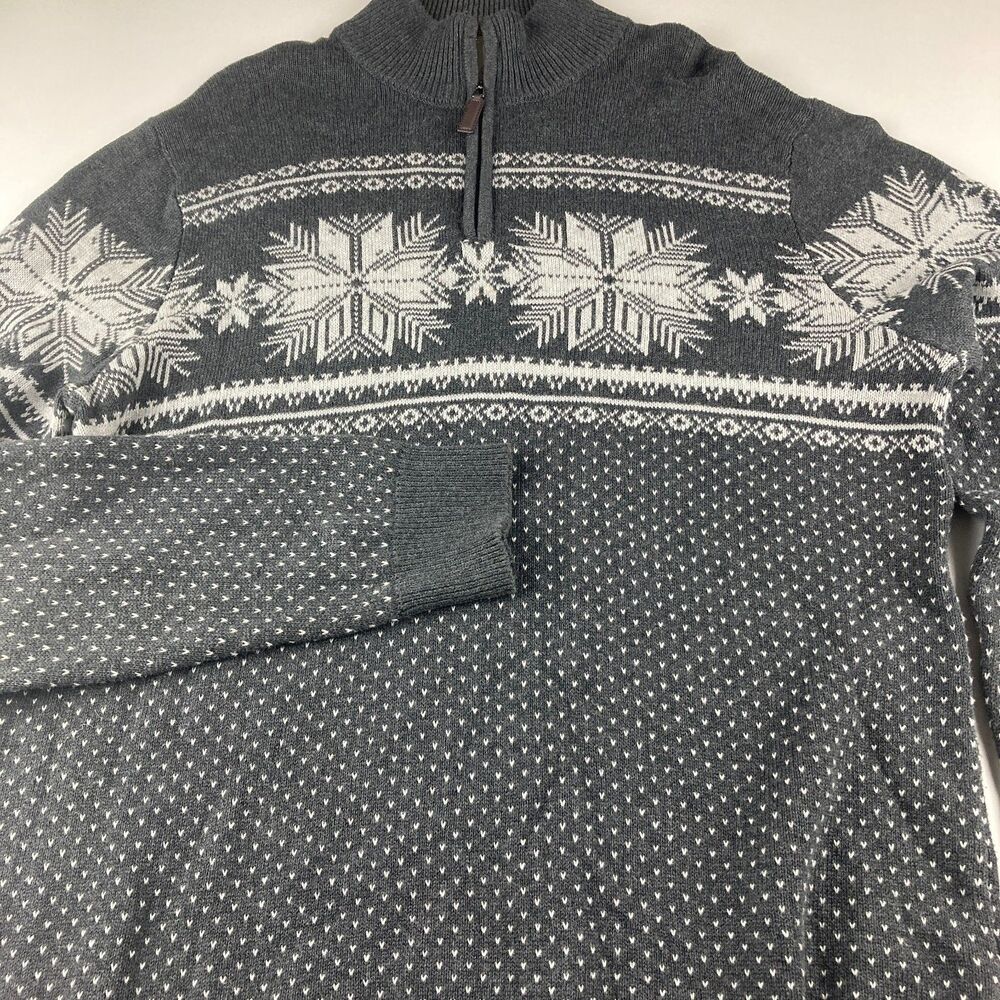 Aspen Men’s L Nordic Snowflake Sweater Gray Cotton Quarter Zip Fair Isle